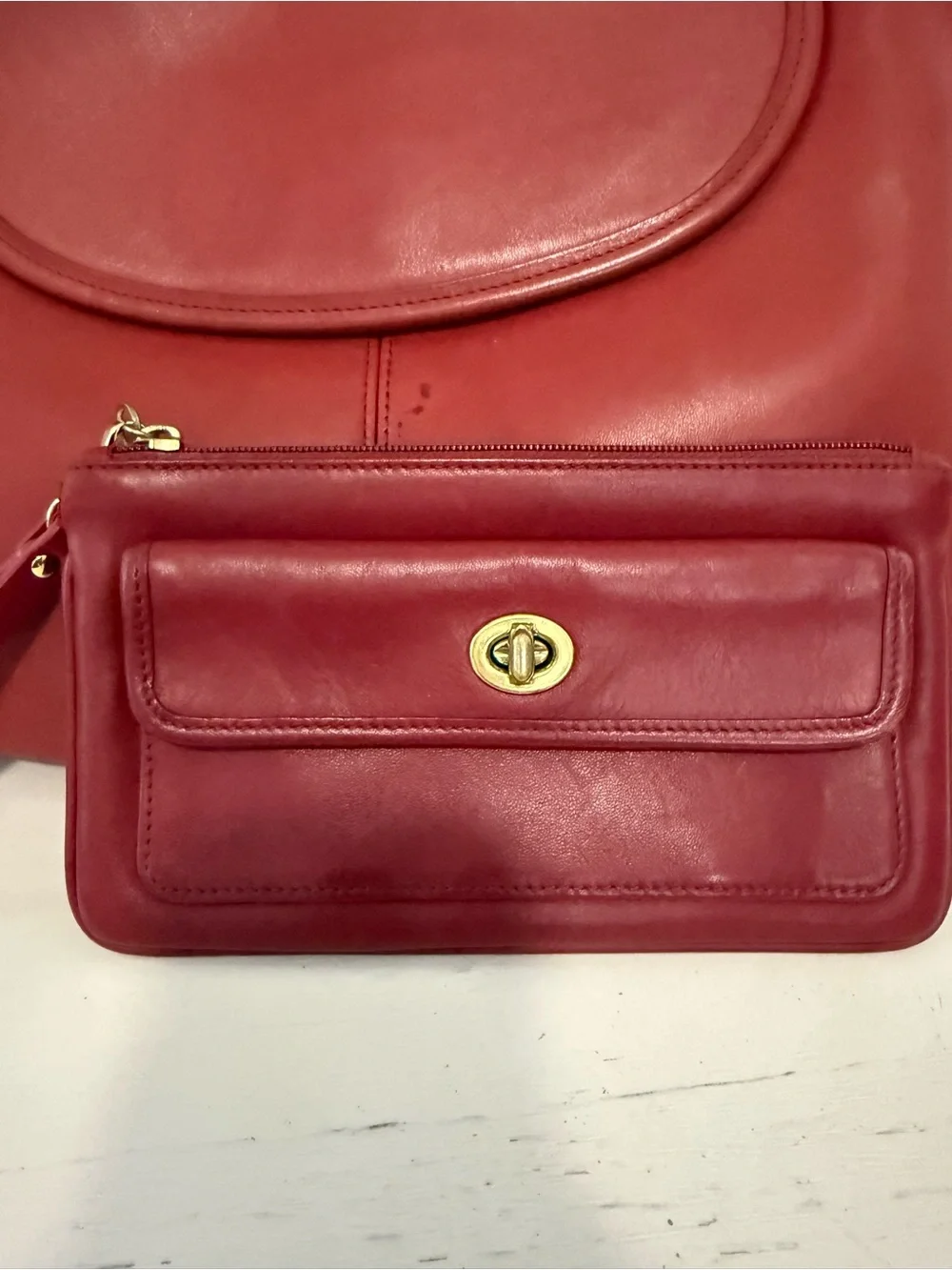 Vintage rare red leather Coach wristlet with brass hardware